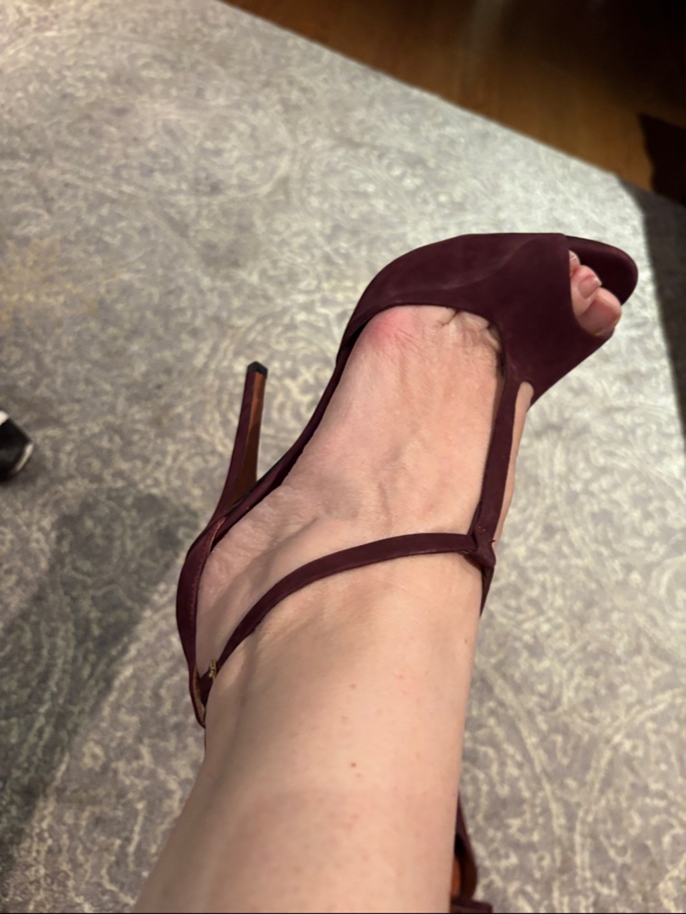 SCHUTZ Burgundy Suede Peep-Toe Slingback Heels with Gold Studs